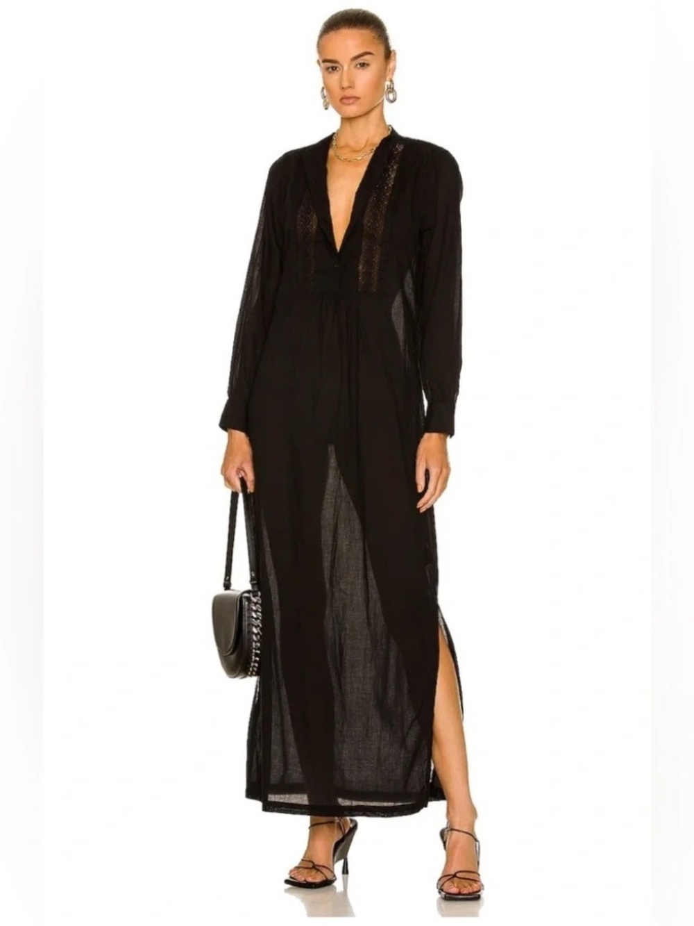 Nili Lotan Black Semi-sheer Cotton Risette Maxi Dress Size XS